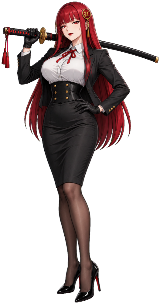 Kurenai, the app's mascot: a red-haired woman in a black suit with a katana on her shoulder