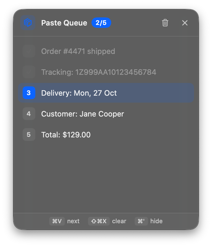 Paste queue window
